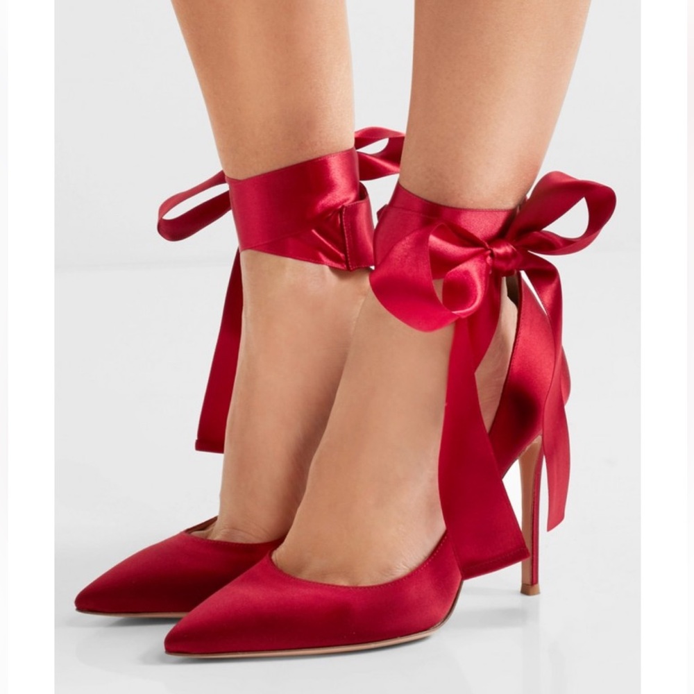Gianvito Rossi Red Satin Pumps - Heels - with Ribbon Ties - Size 37.5